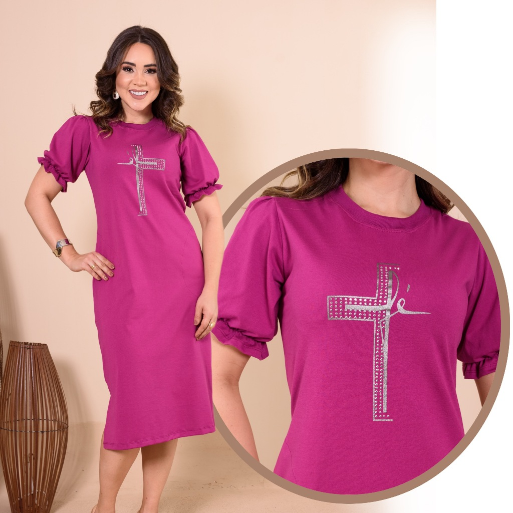 Vestido Midi Moda Evangelica Fenda Lateral Elegante Moda Casual Com Silk Soltinho Manga Bufante Cor