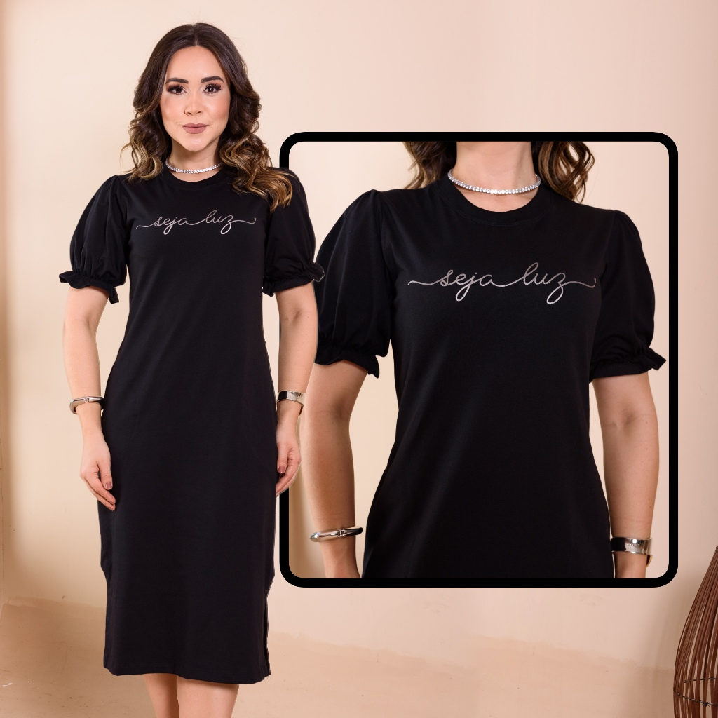 Vestido Midi Moda Evangelica Fenda Lateral Elegante Moda Casual Com Silk Soltinho Manga Bufante Cor