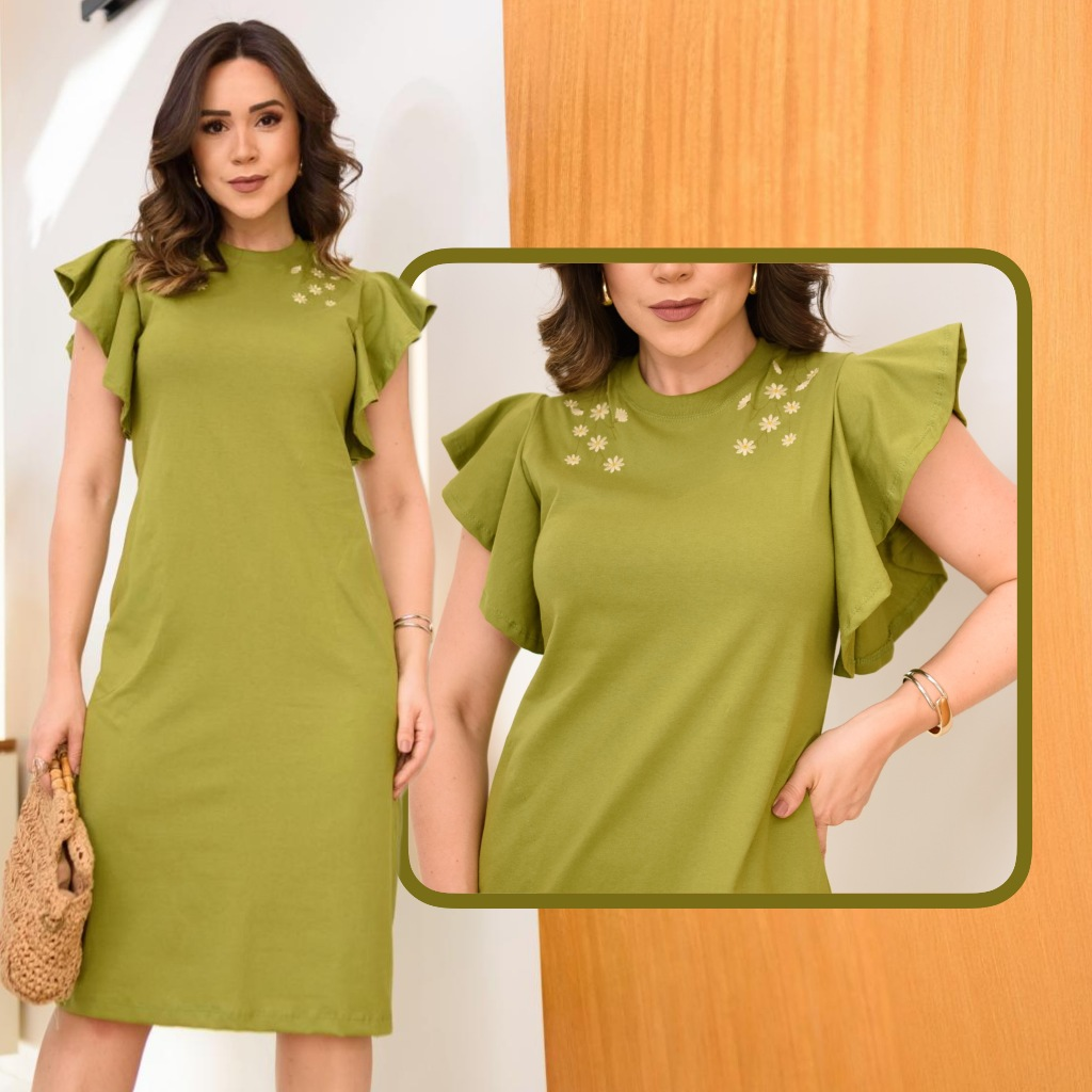 Vestido Midi Moda Evangelica Fenda Lateral Elegante Moda Casual Com Silk Soltinho Manga Bufante Cor