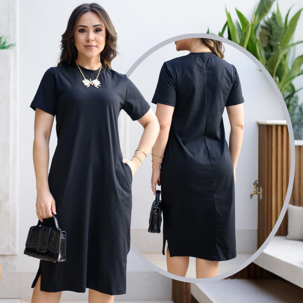 Vestido Midi Moda Evangelica Fenda Lateral Elegante Moda Casual Com Silk Soltinho Manga Bufante Cor