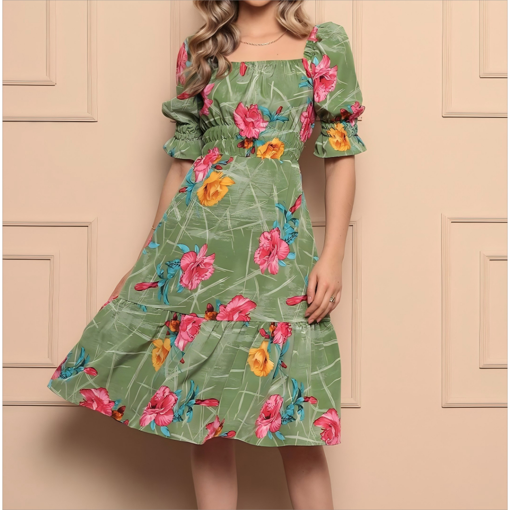 Vestido Feminino midi | crepinho com Elastec l Poá l Ombro à Ombro.