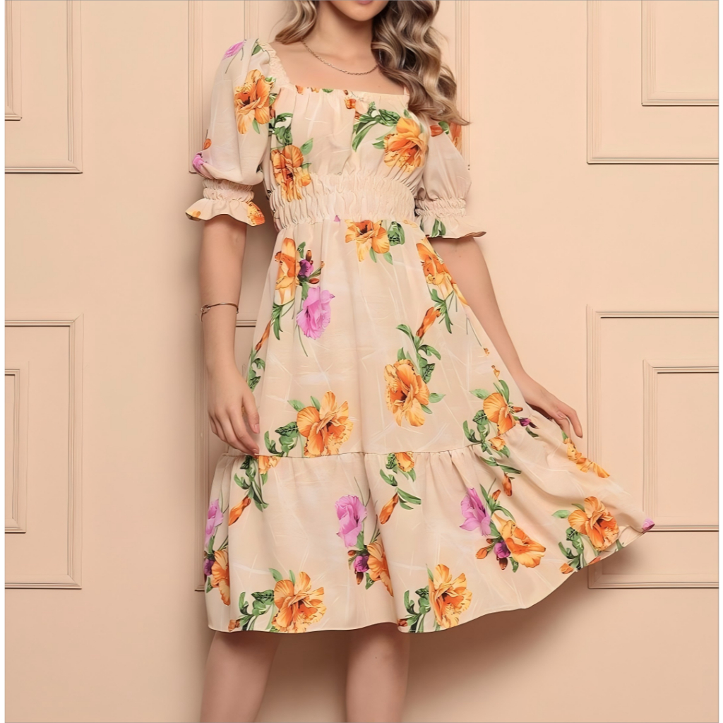 Vestido Feminino midi | crepinho com Elastec l Poá l Ombro à Ombro.