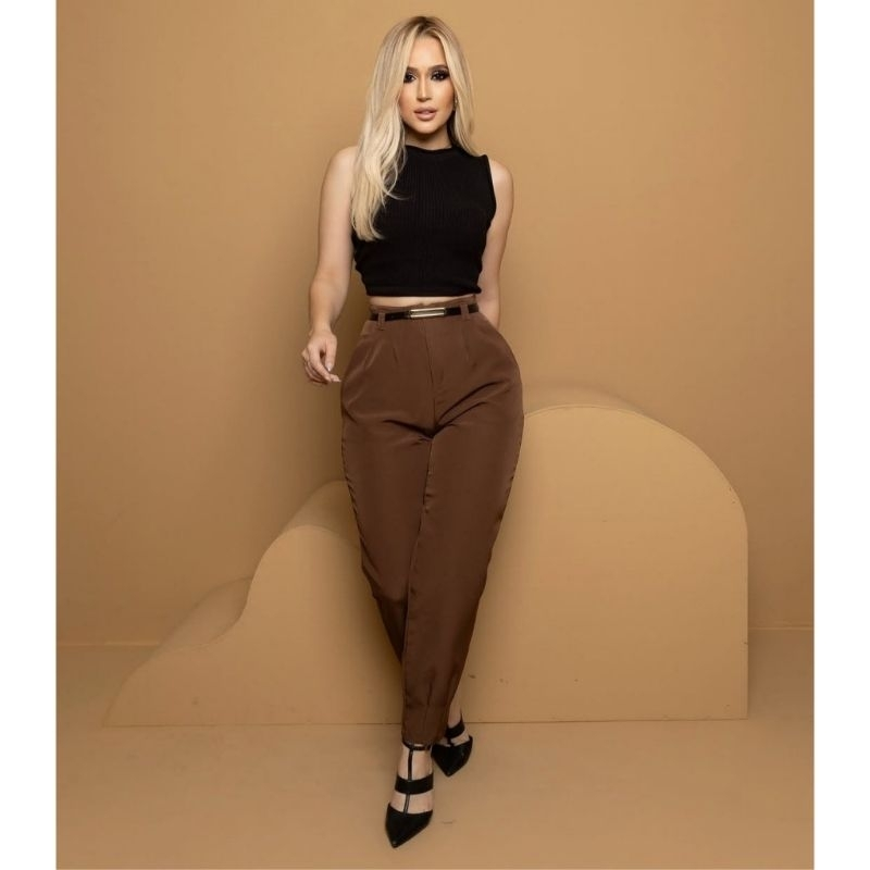 CALÇA FEMININA ALFAIATARIA ZARA CINTURA ALTA COM ZÍPER NA LATERAL ACOMPANHA CINTO