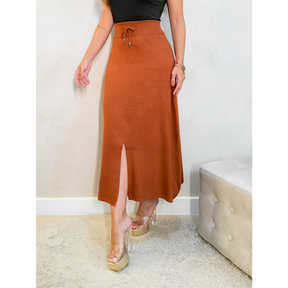 Saia Midi Feminina Fenda Tricô Liso Modal 3RD SD1015