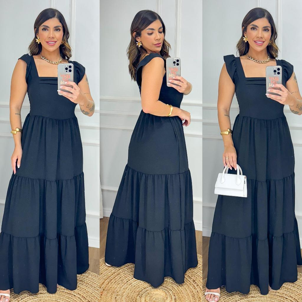 Vestido Longo Feminino Liso Com Alcinha Babado e Com Bojo