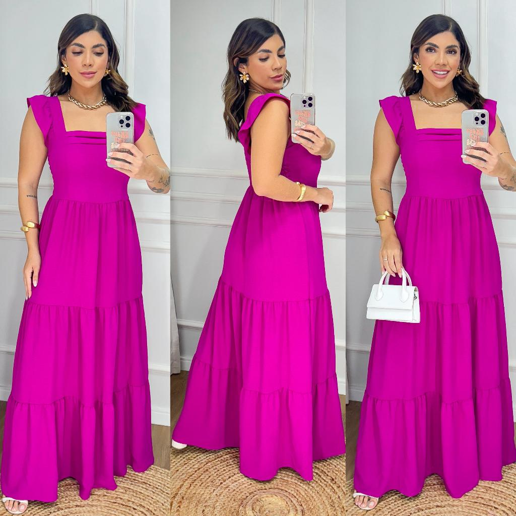 Vestido Longo Feminino Liso Com Alcinha Babado e Com Bojo