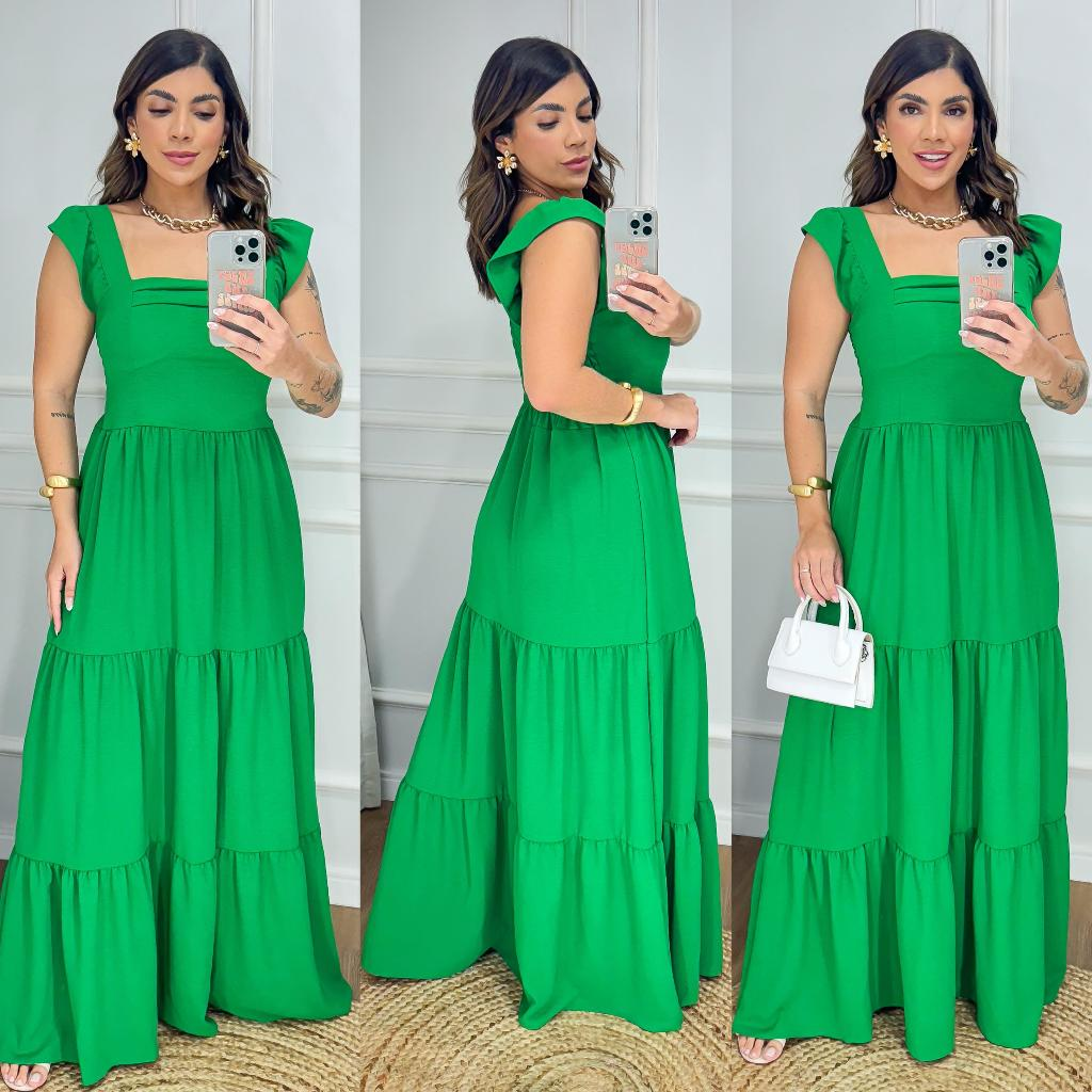 Vestido Longo Feminino Liso Com Alcinha Babado e Com Bojo