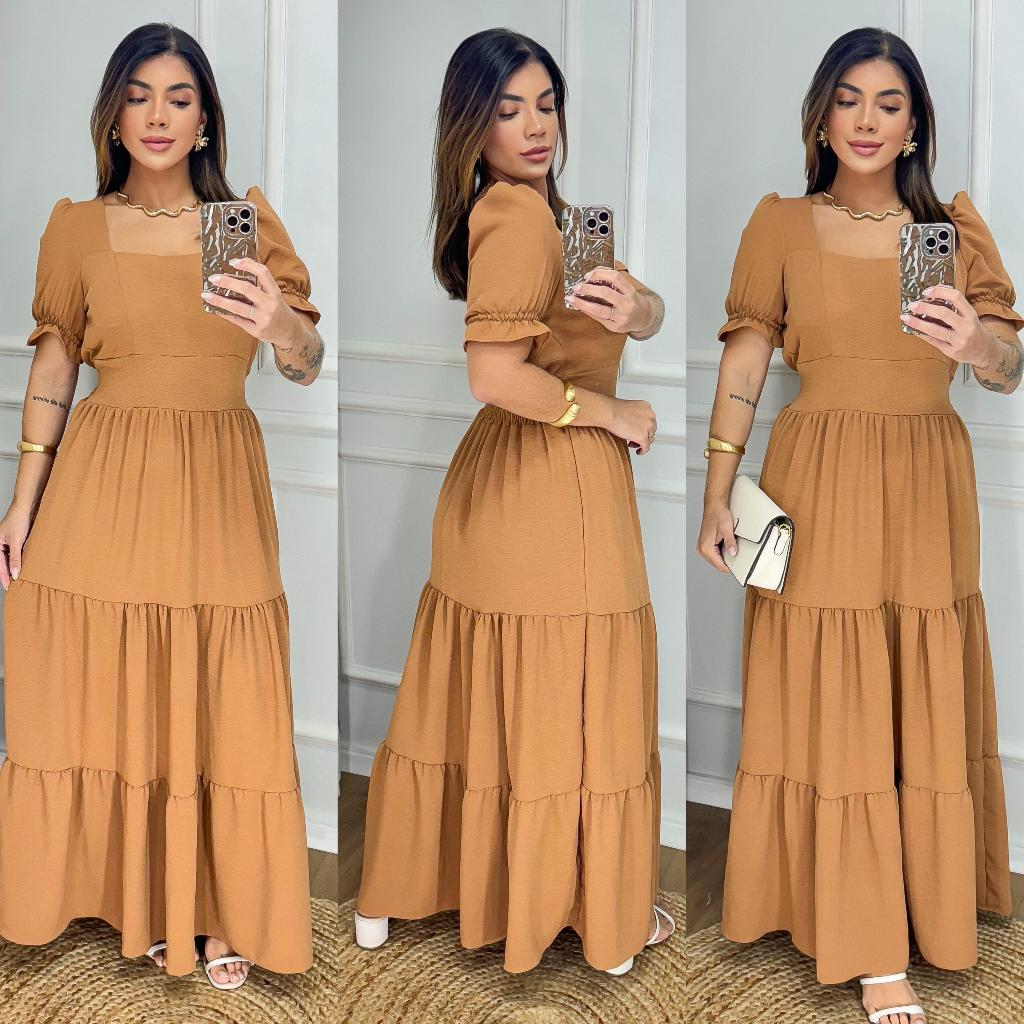 Vestido Longo Feminino Liso Com Bojo e Elastex atrás na cintura / Gola Quadrada