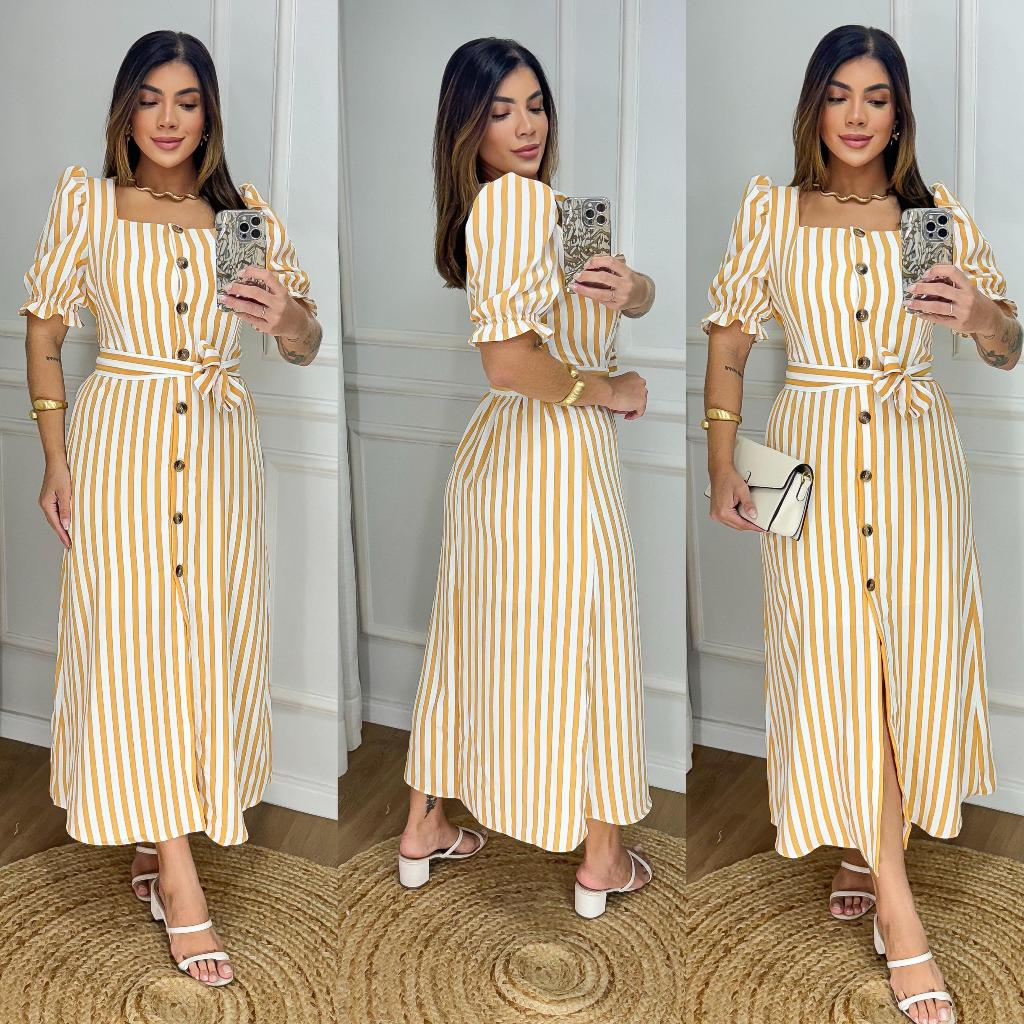 Vestido Longo Listrado com Botões e Cinto - Manga Bufante - Modelo Elegante com Elastex