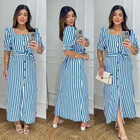 Vestido Longo Listrado com Botões e Cinto - Manga Bufante - Modelo Elegante com Elastex