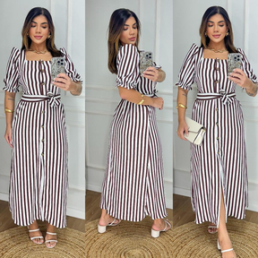 Vestido Longo Listrado com Botões e Cinto - Manga Bufante - Modelo Elegante com Elastex