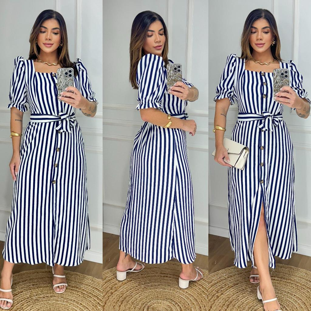 Vestido Longo Listrado com Botões e Cinto - Manga Bufante - Modelo Elegante com Elastex