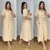 Vestido Longo Listrado com Botões e Cinto - Manga Bufante - Modelo Elegante com Elastex