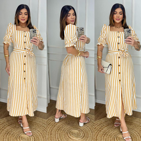 Vestido Longo Listrado com Botões e Cinto - Manga Bufante - Modelo Elegante com Elastex