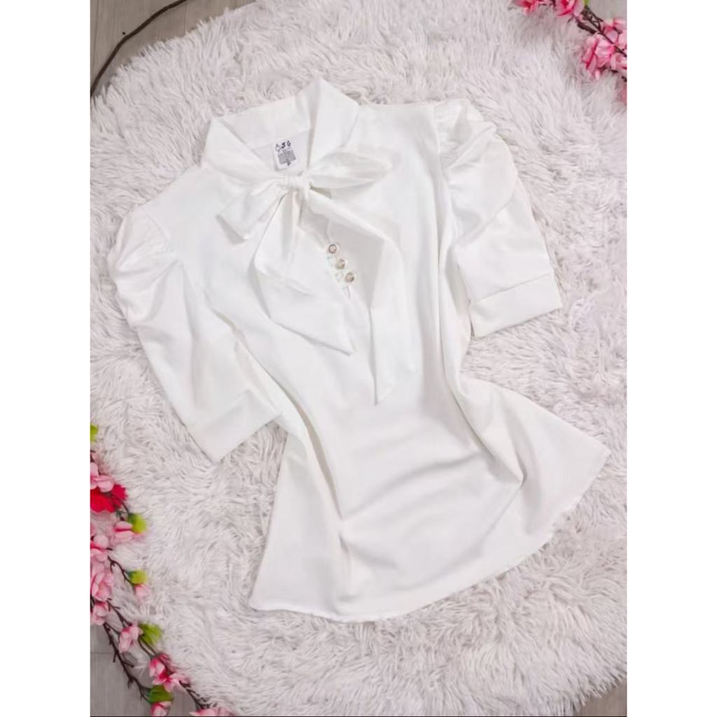 Blusa Plus Size G1 G2 G3 Feminina Social Manga Curta Bufante com laçinho Moda evangélica -0260