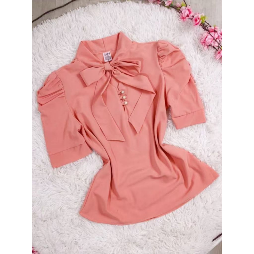 Blusa Plus Size G1 G2 G3 Feminina Social Manga Curta Bufante com laçinho Moda evangélica -0260