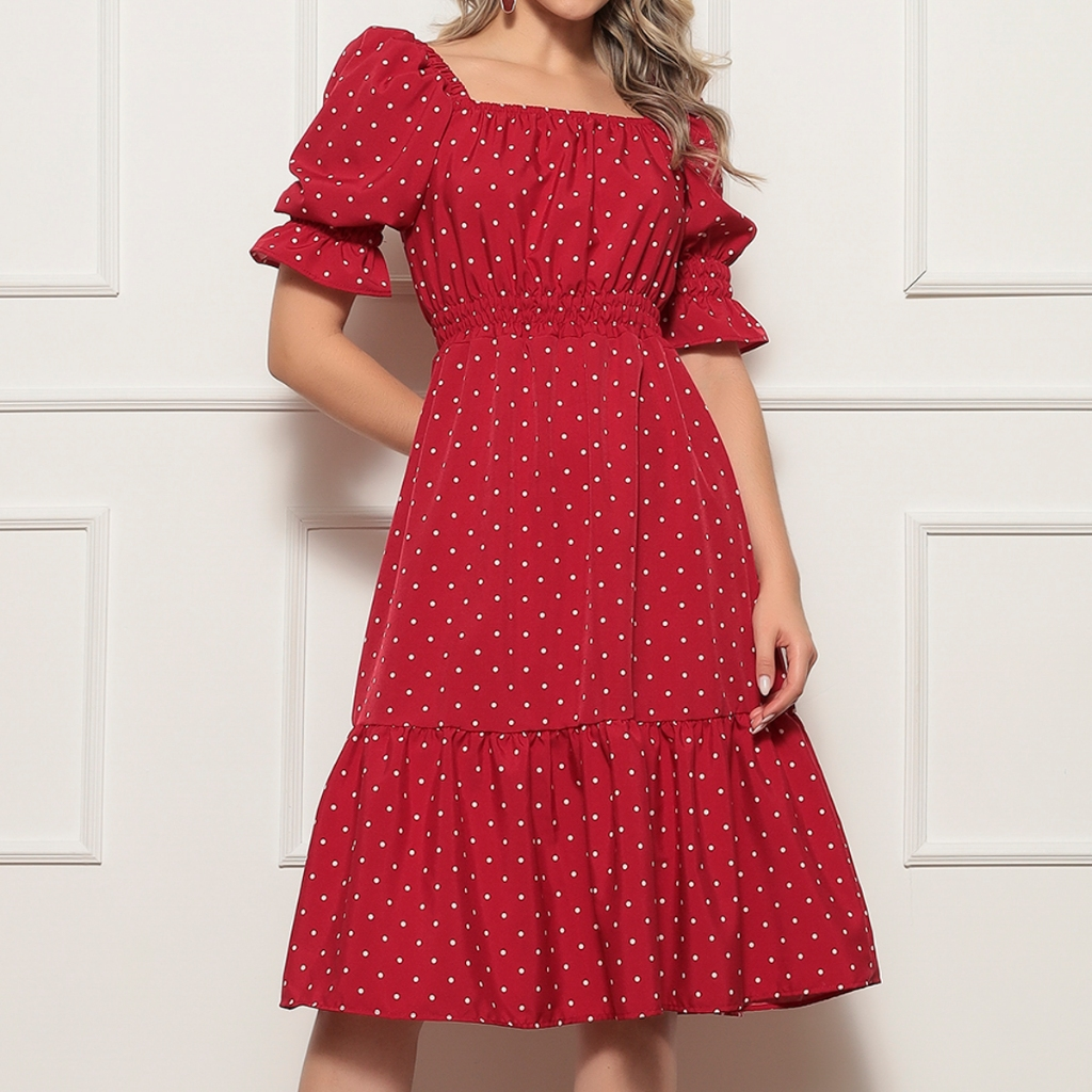 Vestido midi feminino coração, bolinhas, decote quadrado e mangas curtas bufantes, corte A, franzido, bainha com babados