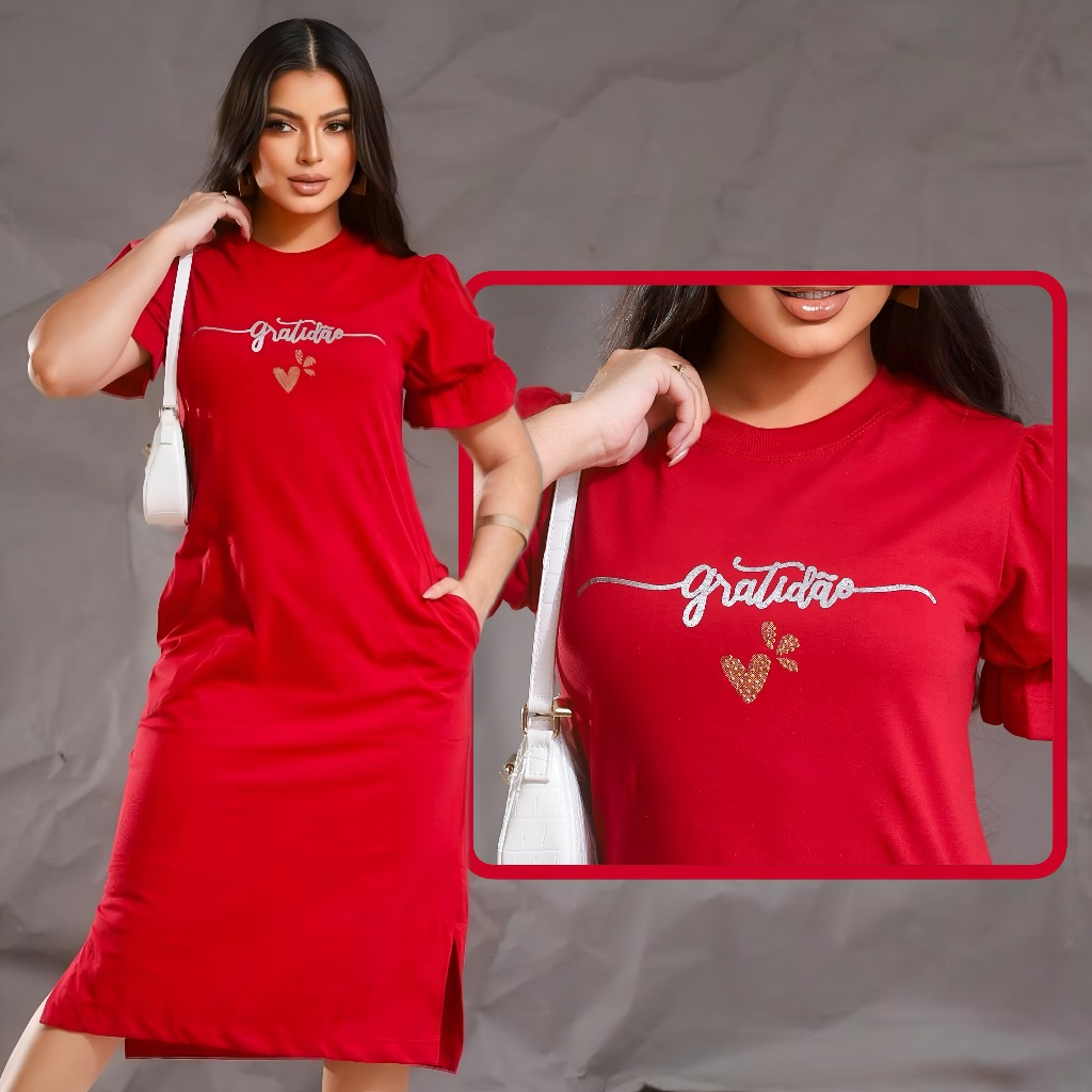 Vestido Midi Moda Evangelica Fenda Lateral Elegante Moda Casual Com Silk Soltinho Manga Bufante Cor