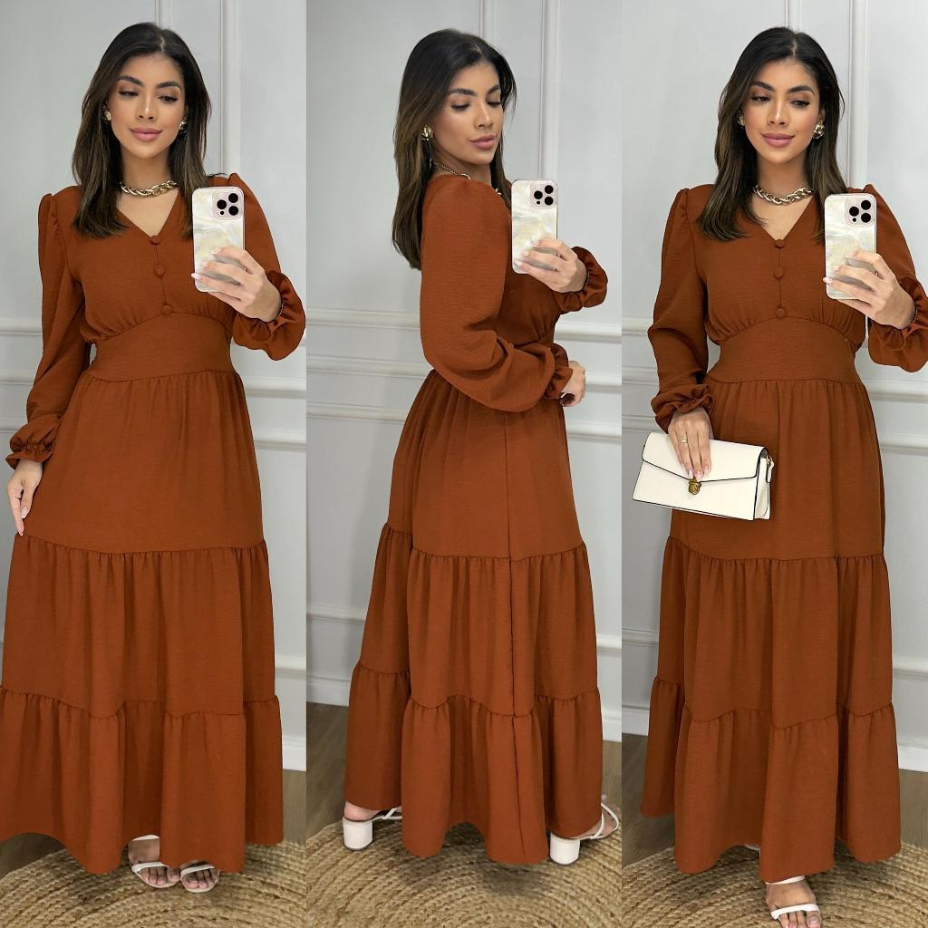 Vestido Longo Liso Feminino Com Manga Longa Com Elastex Nas Costas