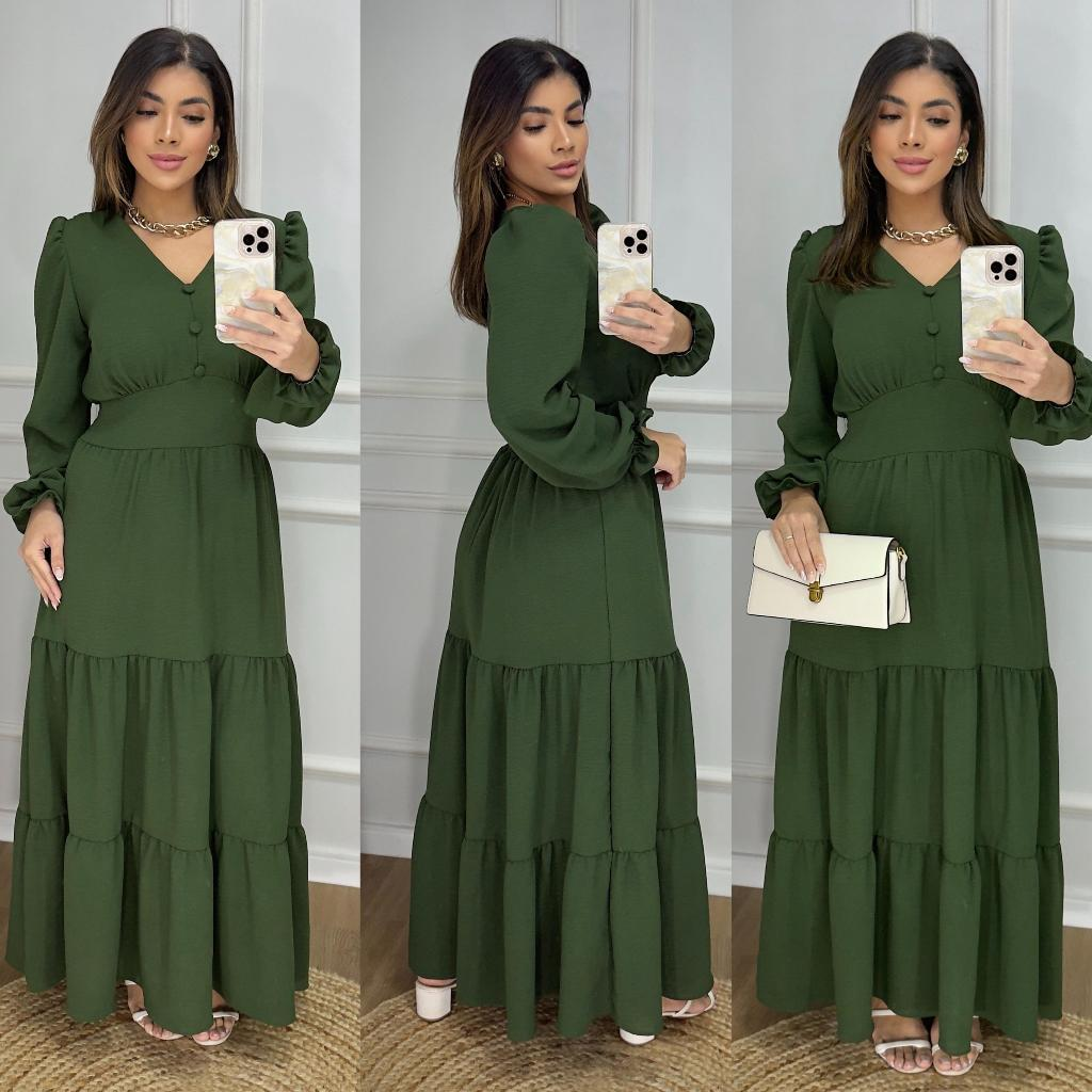 Vestido Longo Liso Feminino Com Manga Longa Com Elastex Nas Costas