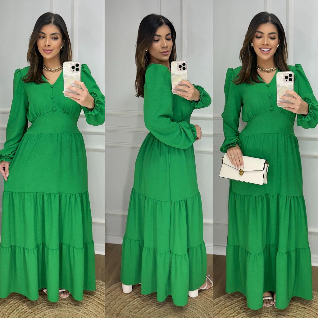 Vestido Longo Liso Feminino Com Manga Longa Com Elastex Nas Costas