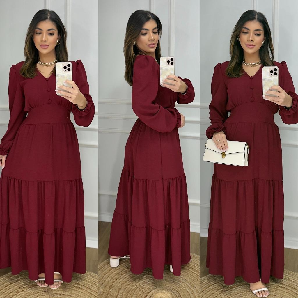 Vestido Longo Liso Feminino Com Manga Longa Com Elastex Nas Costas