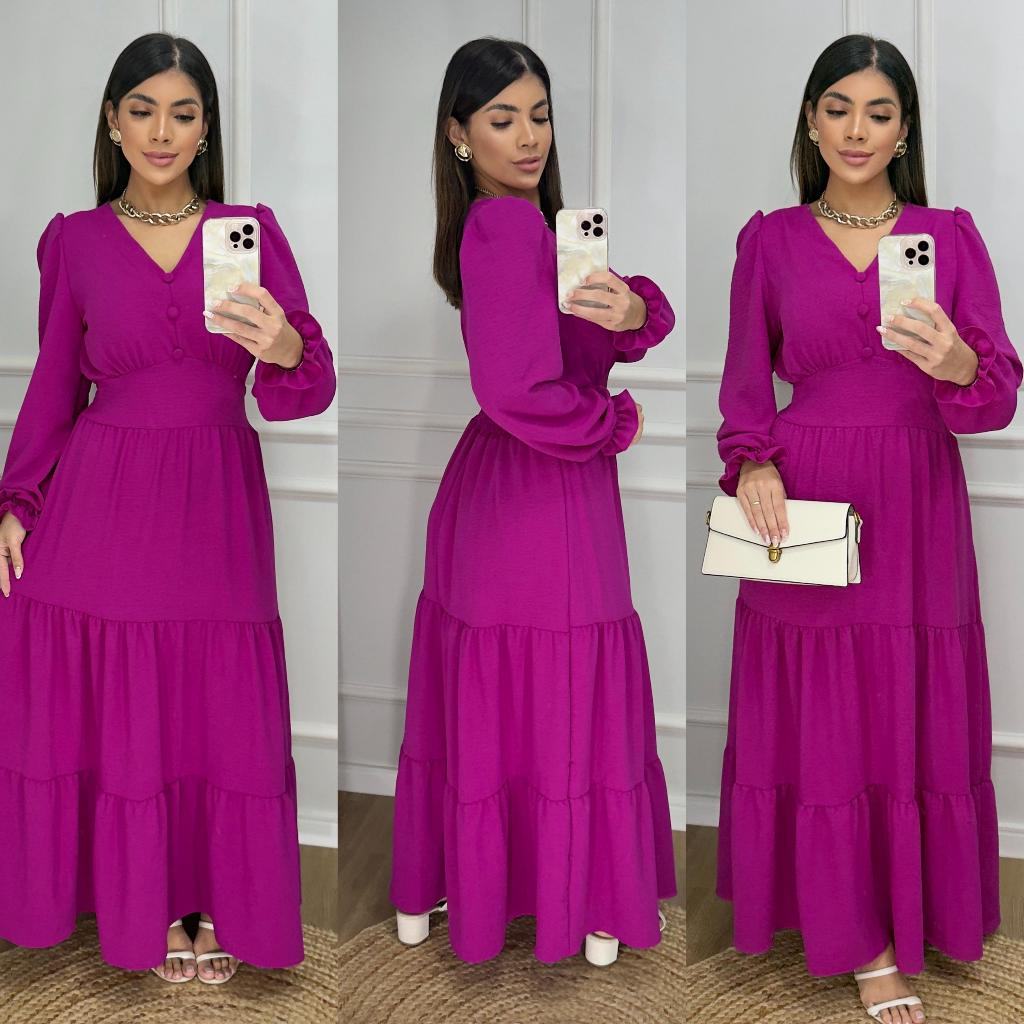 Vestido Longo Liso Feminino Com Manga Longa Com Elastex Nas Costas