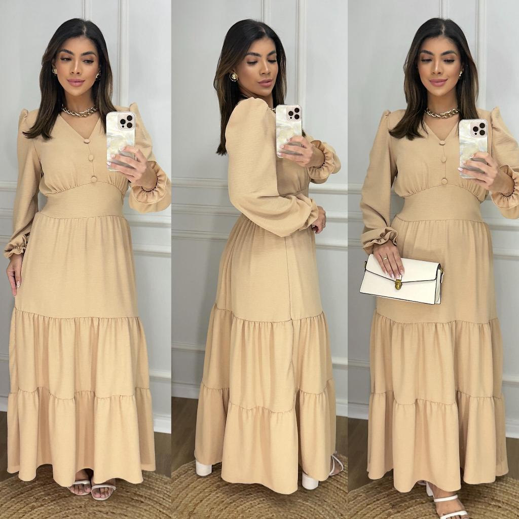 Vestido Longo Liso Feminino Com Manga Longa Com Elastex Nas Costas