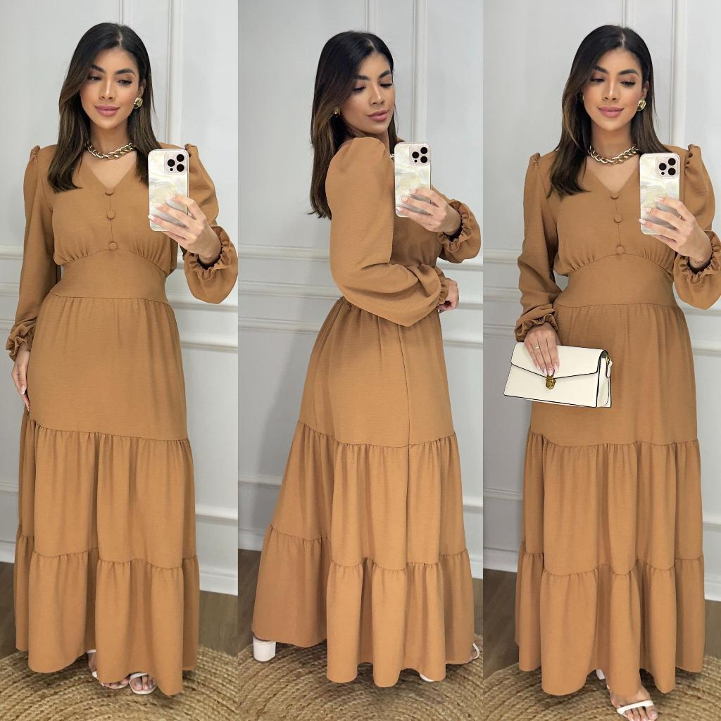 Vestido Longo Liso Feminino Com Manga Longa Com Elastex Nas Costas