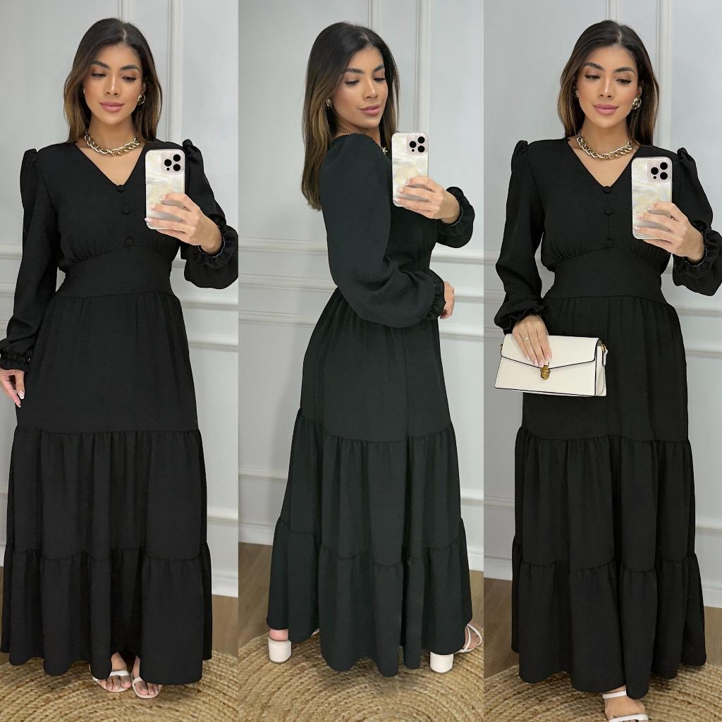 Vestido Longo Liso Feminino Com Manga Longa Com Elastex Nas Costas