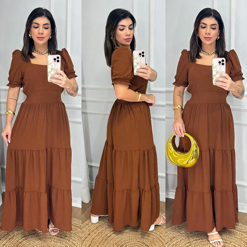 Vestido Longo Feminino Liso Com Bojo e Elastex atrás na cintura / Gola Quadrada