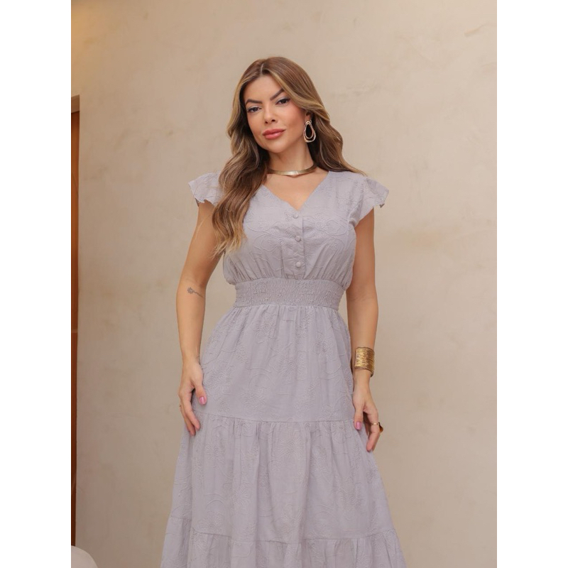 Vestido longo feminina com portado e manga e cintura com elastano modas LS172