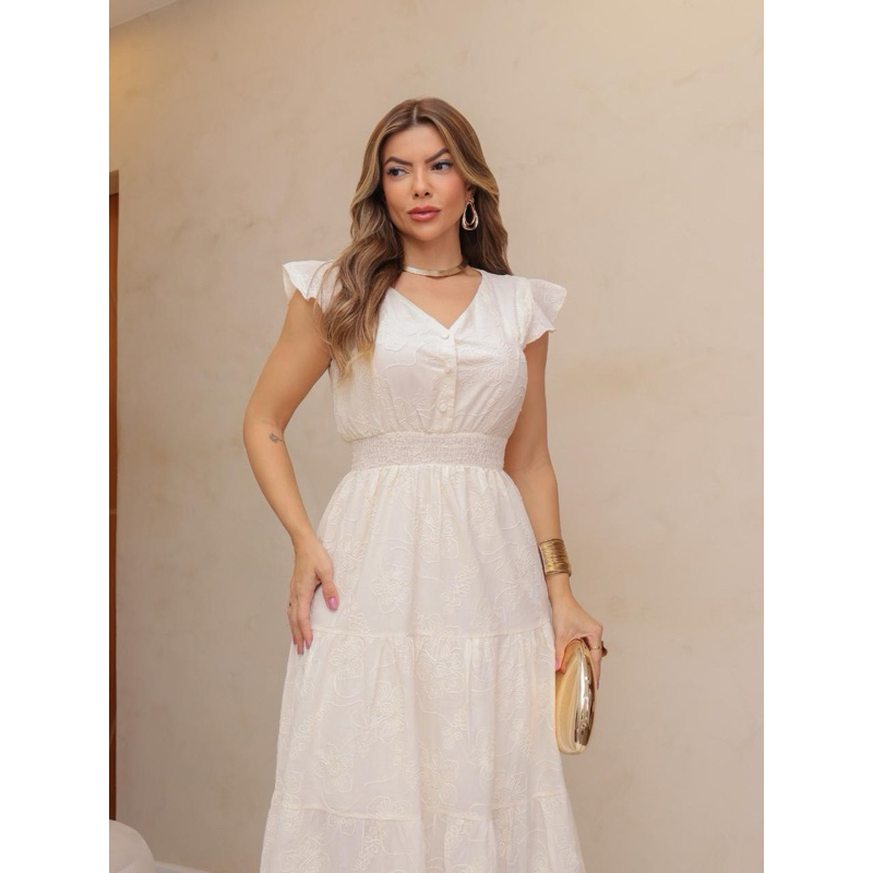 Vestido longo feminina com portado e manga e cintura com elastano modas LS172