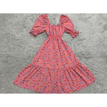 Vestido midi feminino coração, bolinhas, decote quadrado e mangas curtas bufantes, corte A, franzido, bainha com babados