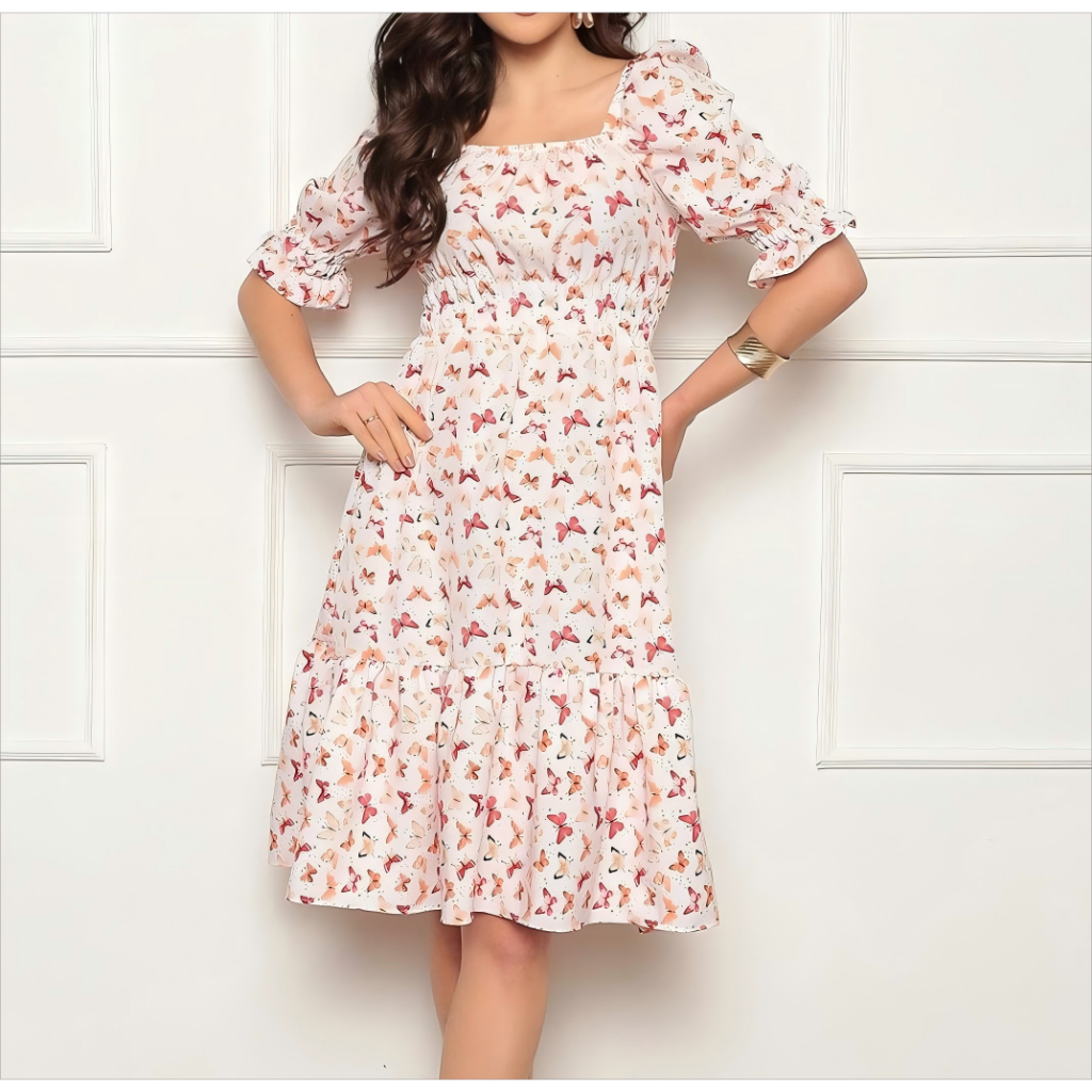 Vestido Feminino midi | crepinho com Elastec l Poá l Ombro à Ombro.