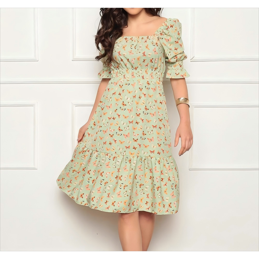 Vestido Feminino midi | crepinho com Elastec l Poá l Ombro à Ombro.