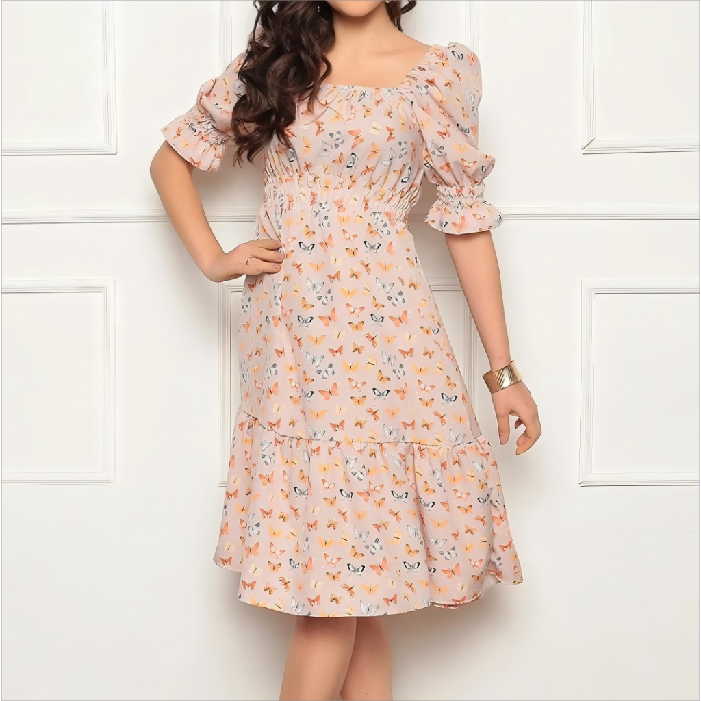 Vestido Feminino midi | crepinho com Elastec l Poá l Ombro à Ombro.