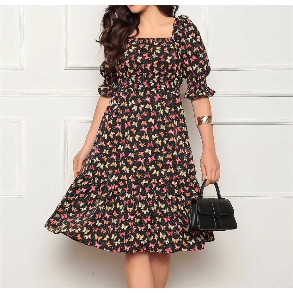 Vestido Feminino midi | crepinho com Elastec l Poá l Ombro à Ombro.