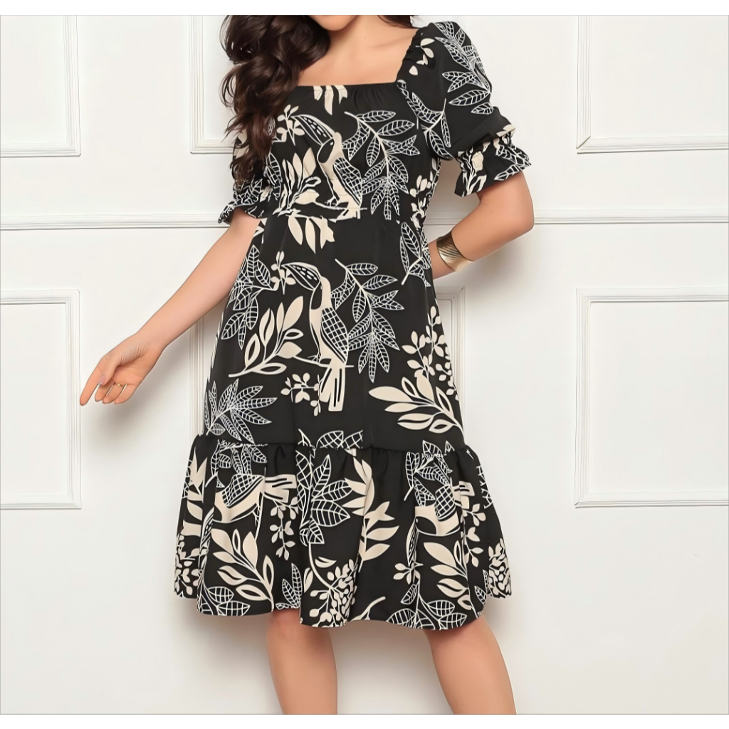 Vestido Feminino midi | crepinho com Elastec l Poá l Ombro à Ombro.