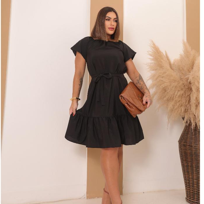 Vestido Feminino Curto Plus Size Moda Evangélica Jovem com Babado Amarração Manga Curta com Cinto