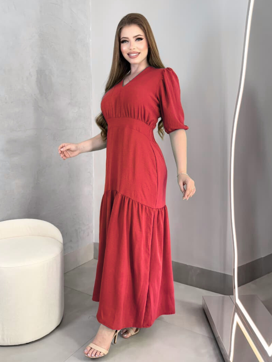 Vestido Longo Liso Duna Manga Feminino Saia Rodada e Elastico Costas Festa Evangelico