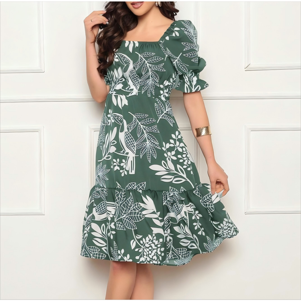 Vestido Feminino midi | crepinho com Elastec l Poá l Ombro à Ombro.