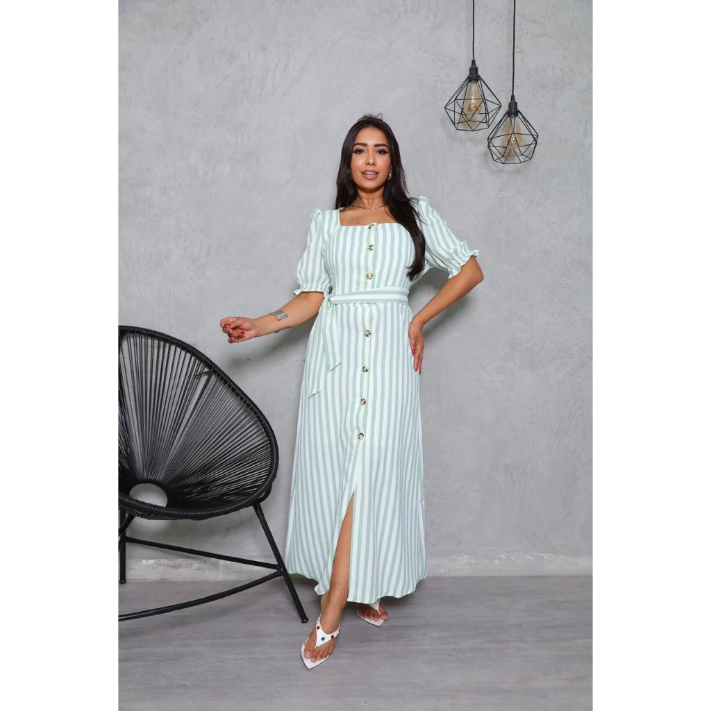 Vestido Longo Listrado com Botões e Cinto - Manga Bufante - Modelo Elegante com Elastex