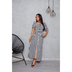 Vestido Longo Listrado com Botões e Cinto - Manga Bufante - Modelo Elegante com Elastex