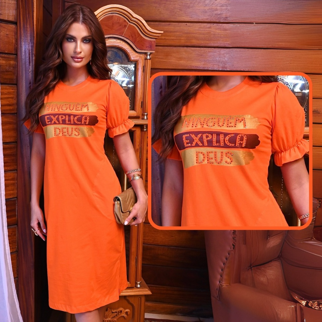 Vestido Midi Moda Evangelica Fenda Lateral Elegante Moda Casual Com Silk Soltinho Manga Bufante Cor