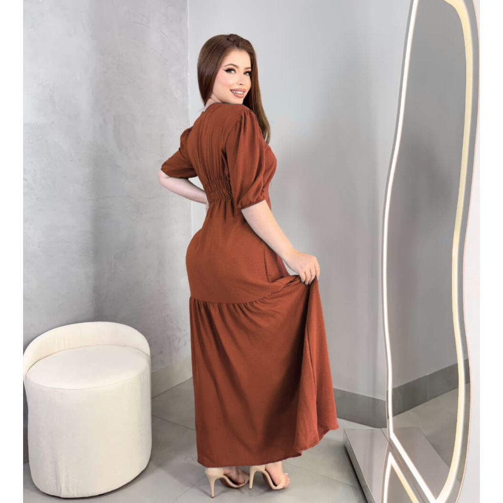 Vestido Longo Liso Duna Manga Feminino Saia Rodada e Elastico Costas Festa Evangelico