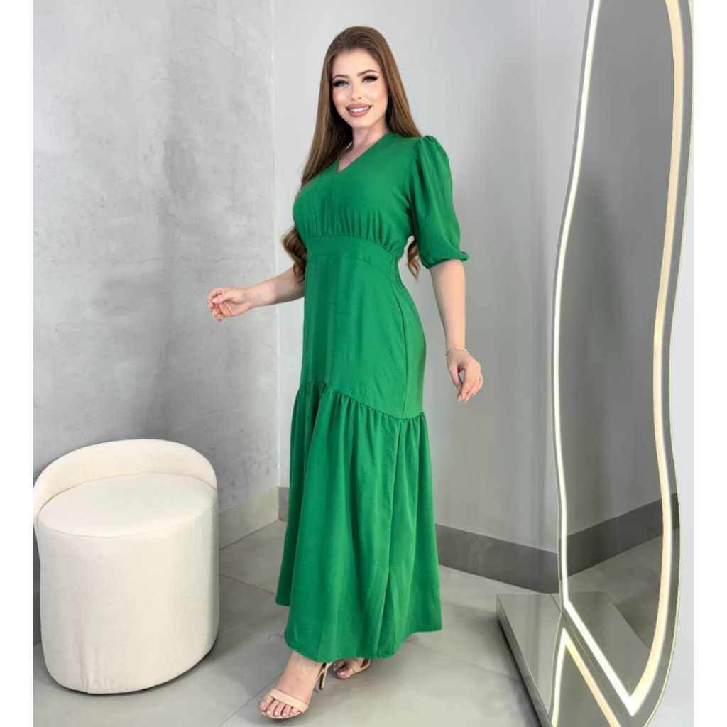 Vestido Longo Liso Duna Manga Feminino Saia Rodada e Elastico Costas Festa Evangelico