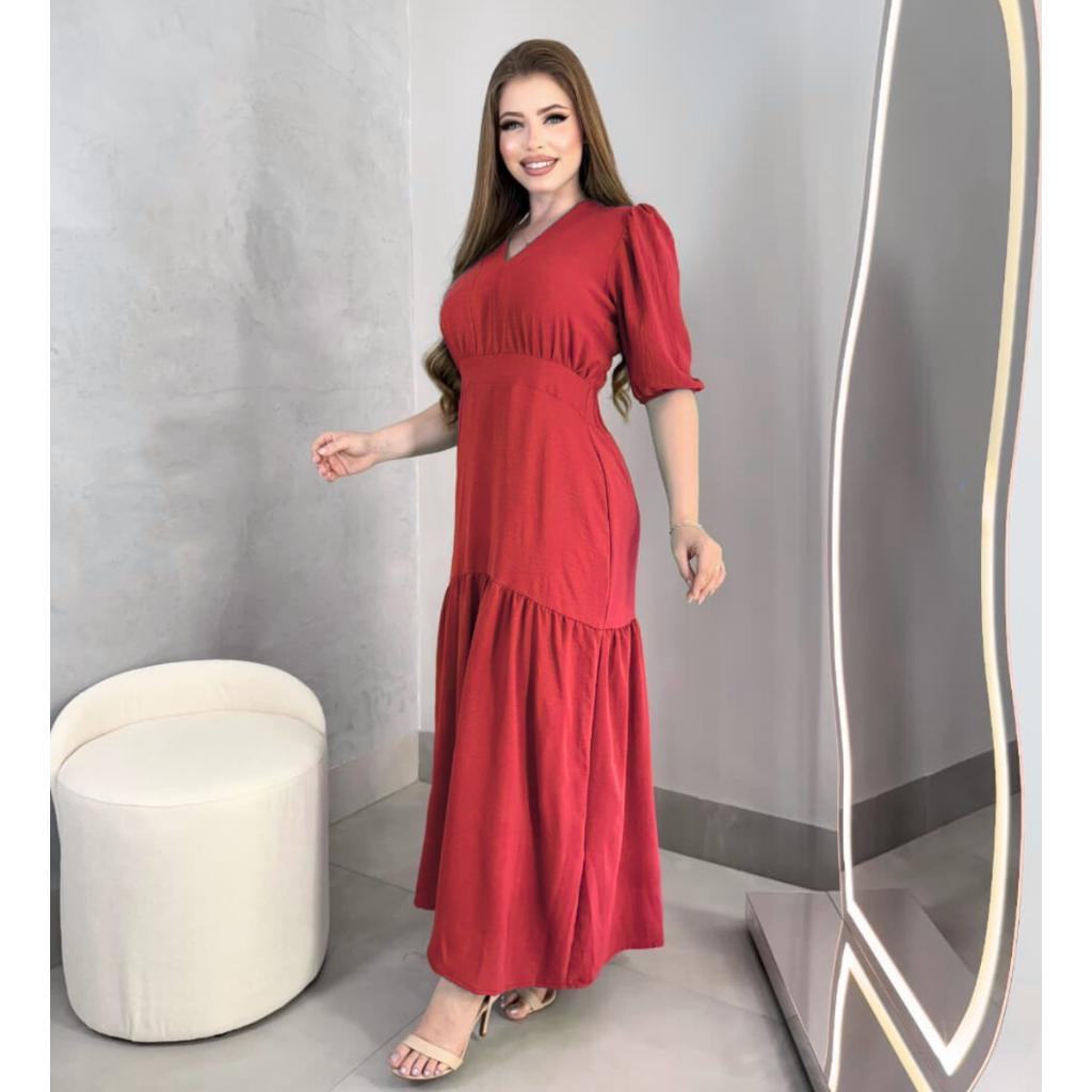 Vestido Longo Liso Duna Manga Feminino Saia Rodada e Elastico Costas Festa Evangelico