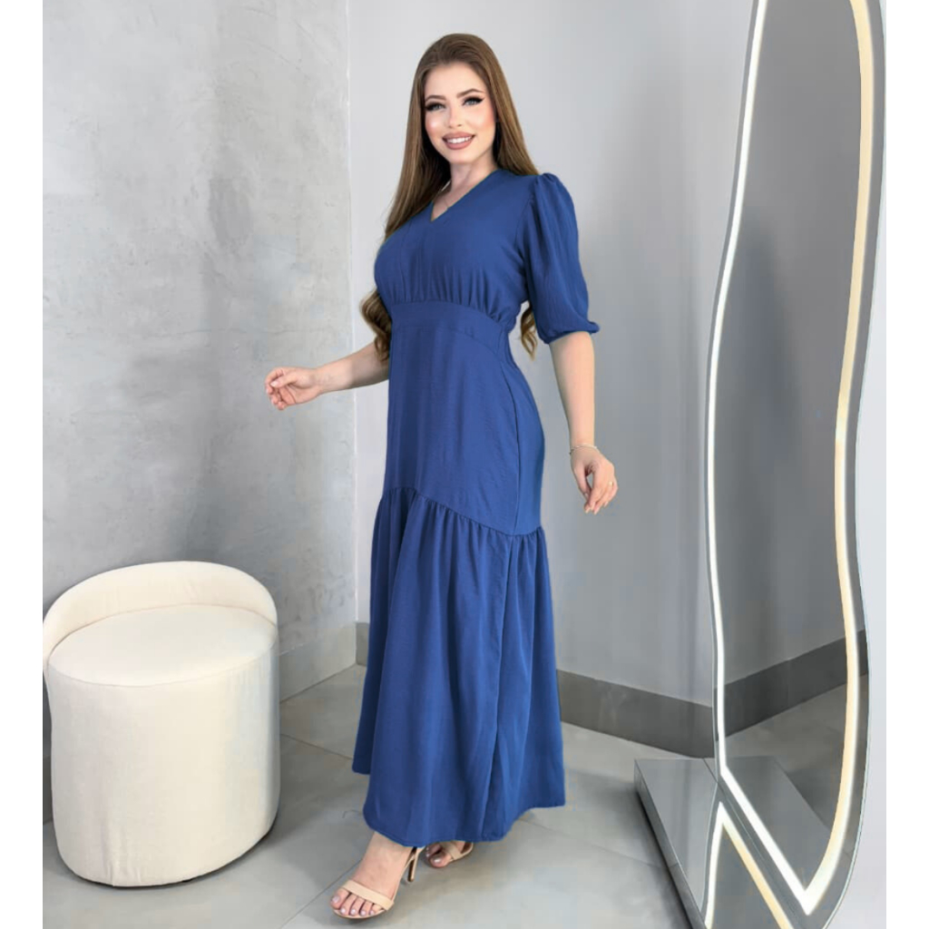 Vestido Longo Liso Duna Manga Feminino Saia Rodada e Elastico Costas Festa Evangelico