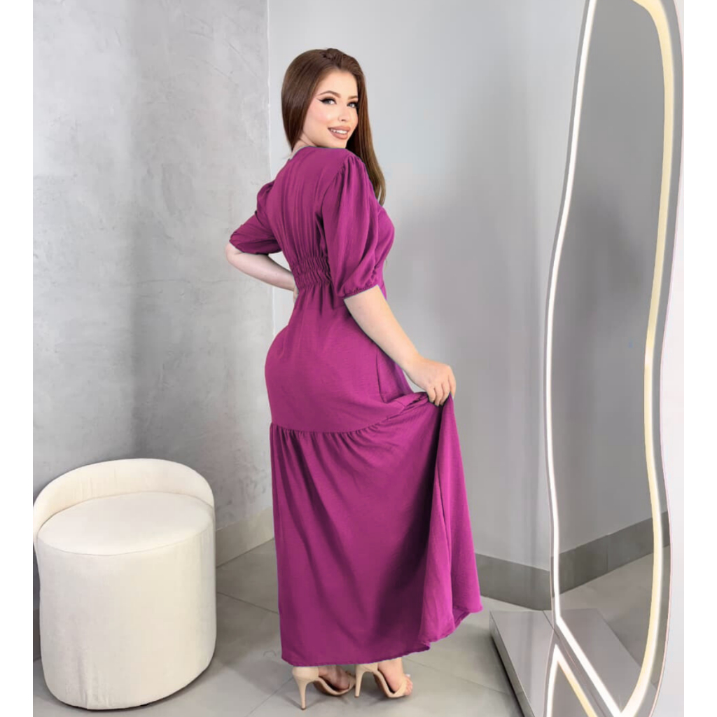 Vestido Longo Liso Duna Manga Feminino Saia Rodada e Elastico Costas Festa Evangelico